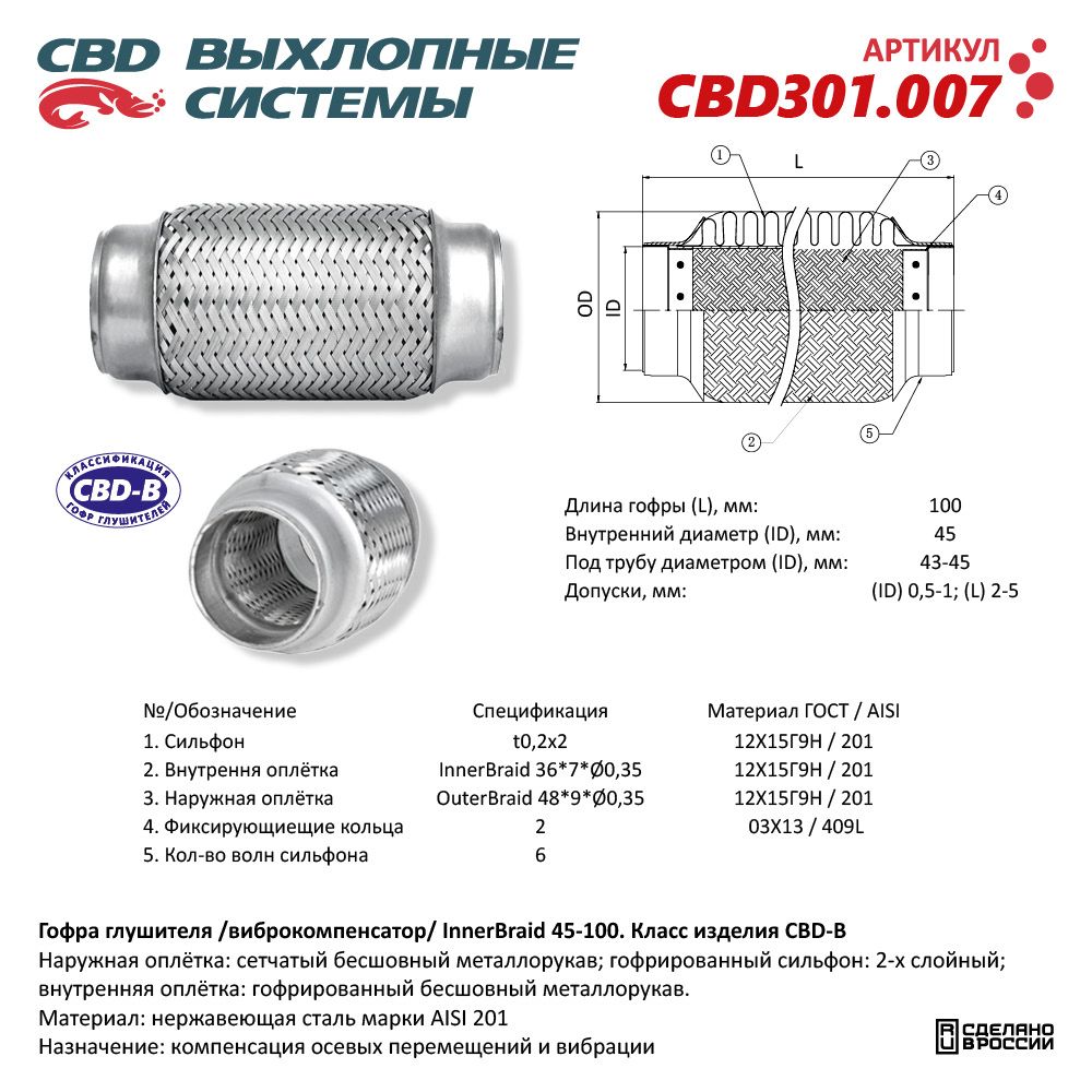 Гофра глушителя Innerbraid 45-100 (КЛАСС CBD-B) AISI 201 - CBD