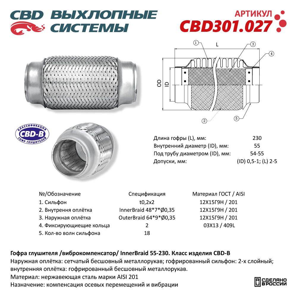 Гофра глушителя Innerbraid 55-230 (КЛАСС CBD-B) AISI 201 - CBD