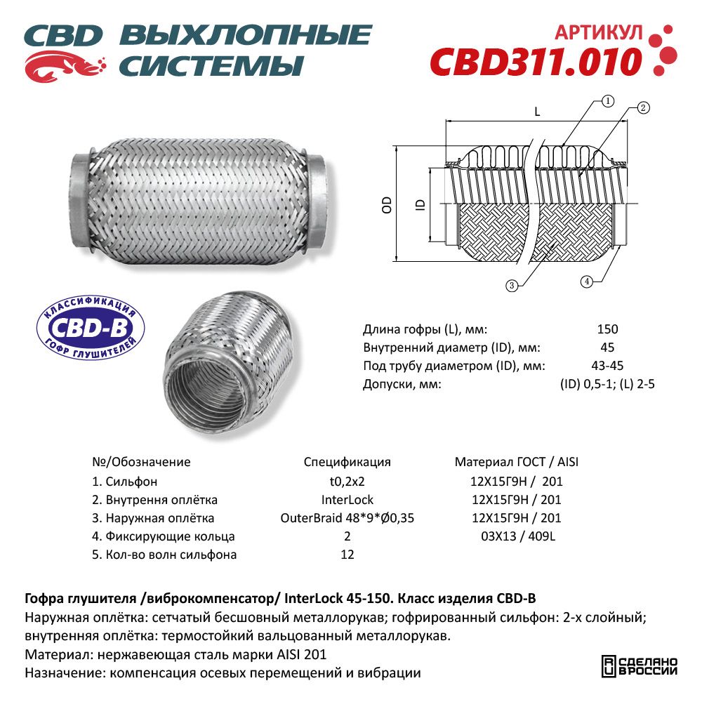 Гофра глушителя InterLock 45-150 (КЛАСС CBD-B) AISI 201 - CBD