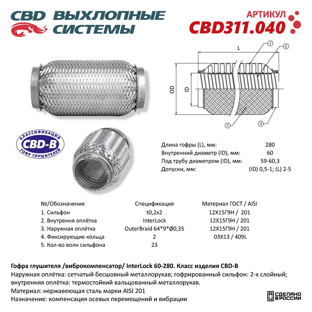 Гофра глушителя InterLock 60-280 (КЛАСС CBD-B) AISI 201 - CBD