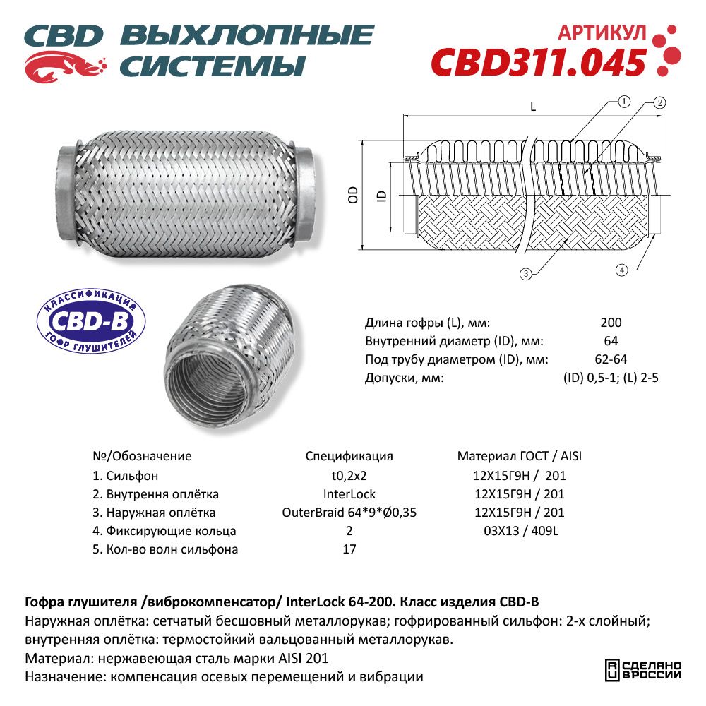 Гофра глушителя InterLock 64-200 (КЛАСС CBD-B) AISI 201 - CBD