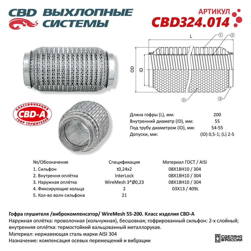 Гофра глушителя WireMesh 55-200 (КЛАСС CBD-A) AISI 304 - CBD