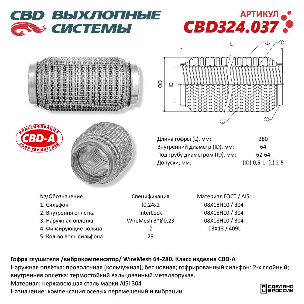 Гофра глушителя WireMesh 64-280 (КЛАСС CBD-A) AISI 304 - CBD