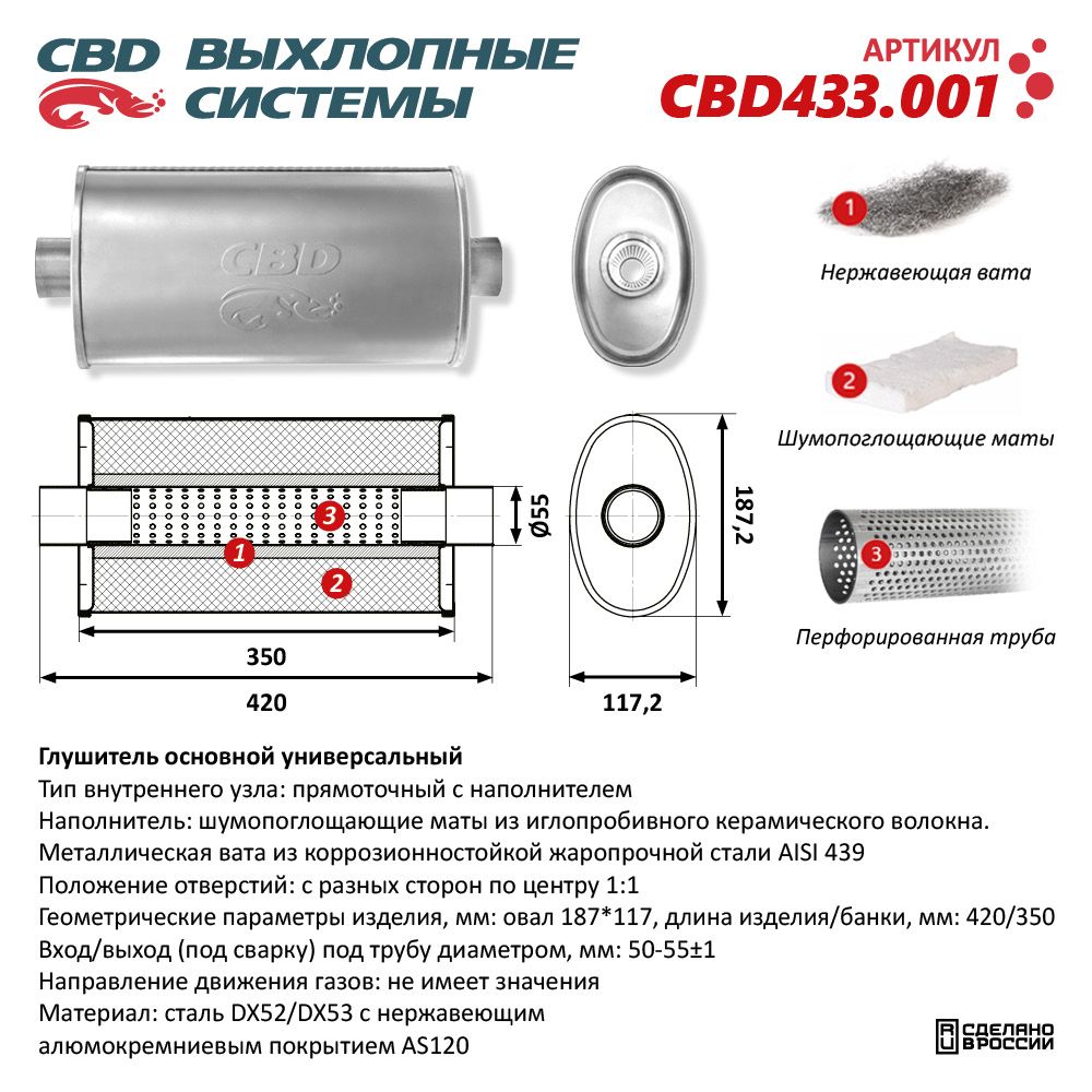 Глушитель CBD433.001. Нержавеющий. Овал D187*117, L427/350. Прямоточный под трубу 50-55 мм - CBD