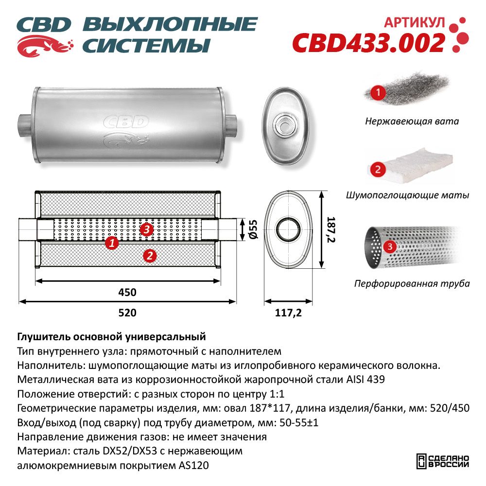 Глушитель CBD433.002. Нержавеющий. Овал D187*117, L528/450. Прямоточный под трубу 50-55 мм - CBD