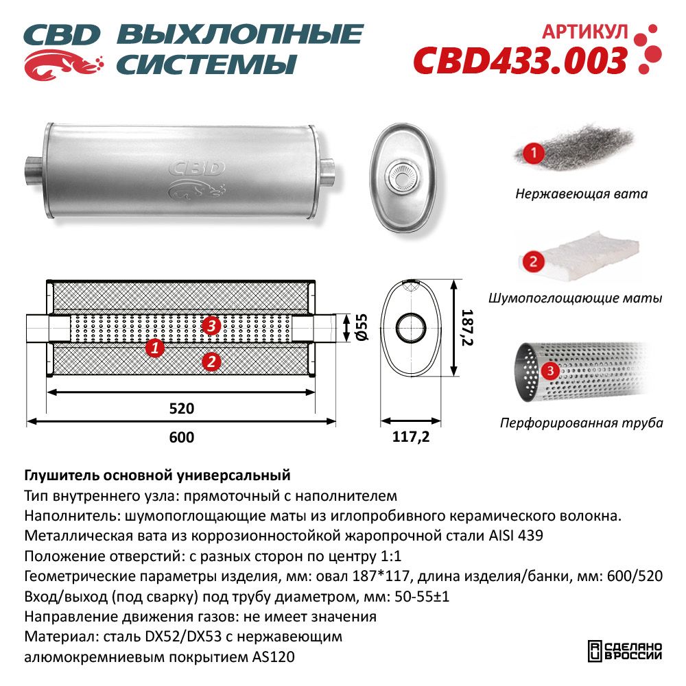 Глушитель CBD433.003. Нержавеющий. Овал D187*117, L598/520. Прямоточный под трубу 50-55 мм - CBD