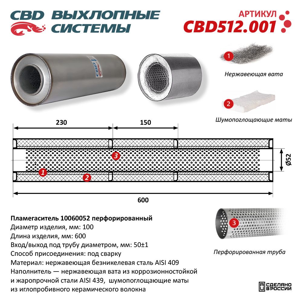 Пламегаситель 10060052 перфорированный внутр. узел, из нержавеющей стали - CBD