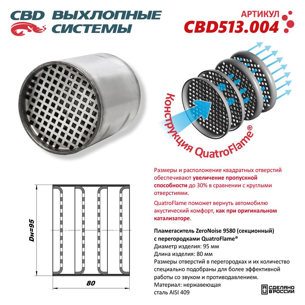 Пламегаситель коллекторный 9580 секционный ZeroNoise. Нержавеющая сталь AISI439 - CBD