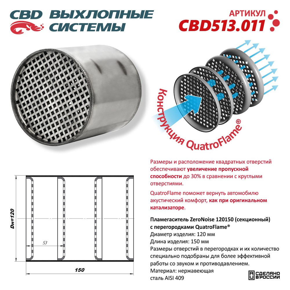 Пламегаситель коллекторный 120150 секционный ZeroNoise. Нержавеющая сталь AISI439 - CBD