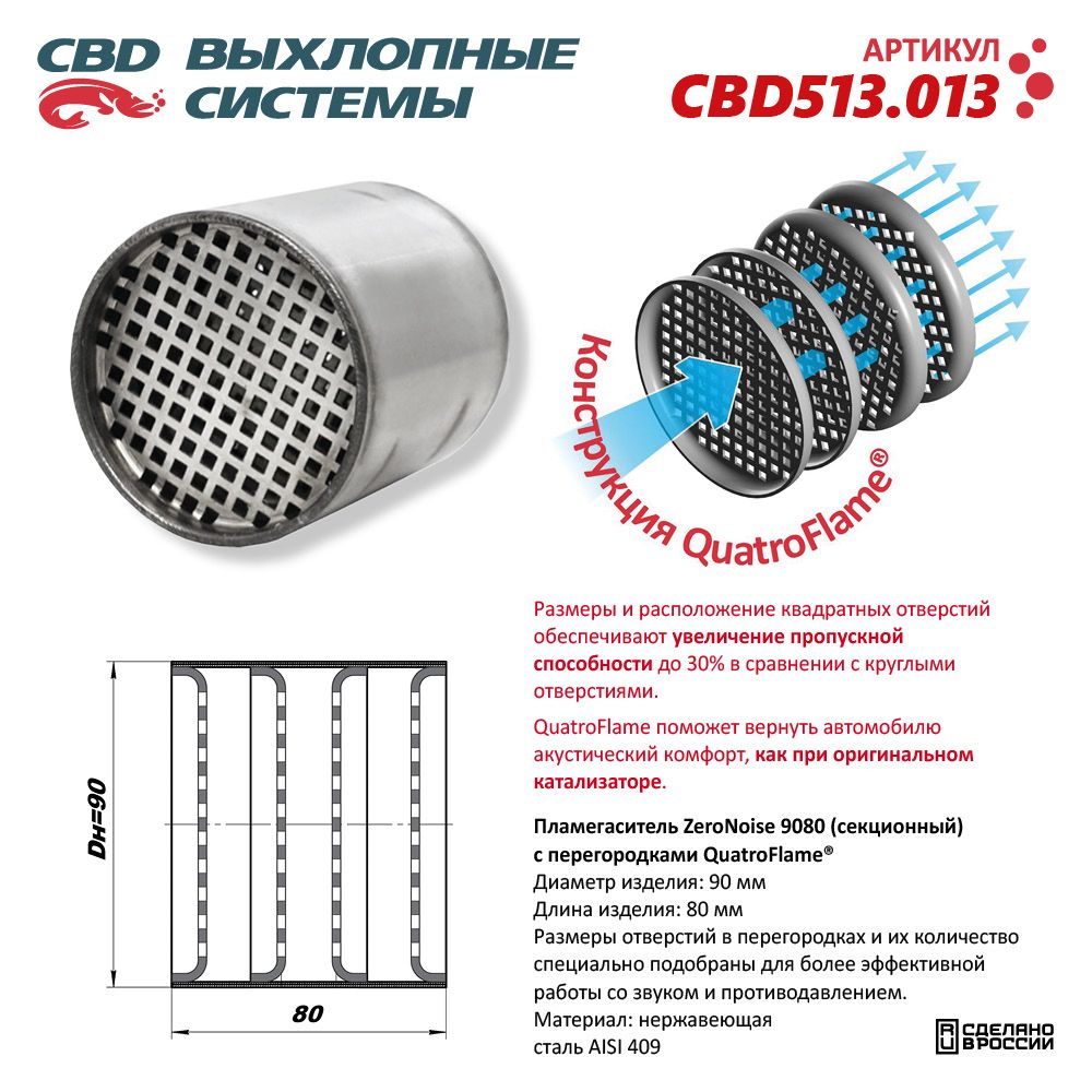 Пламегаситель коллекторный 9080 секционный ZeroNoise. Нержавеющая сталь AISI439 - CBD
