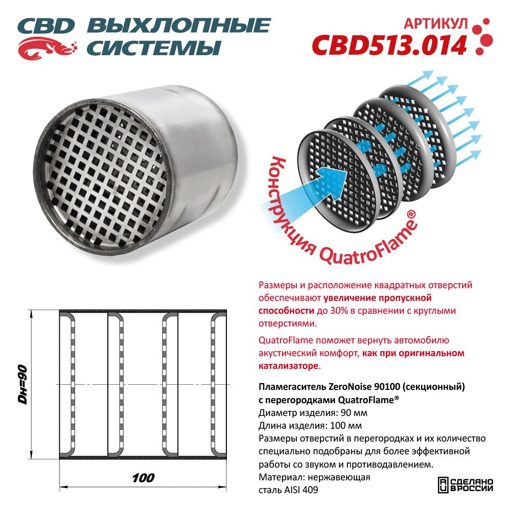 Пламегаситель коллекторный 90100 секционный ZeroNoise. Нержавеющая сталь AISI439 - CBD