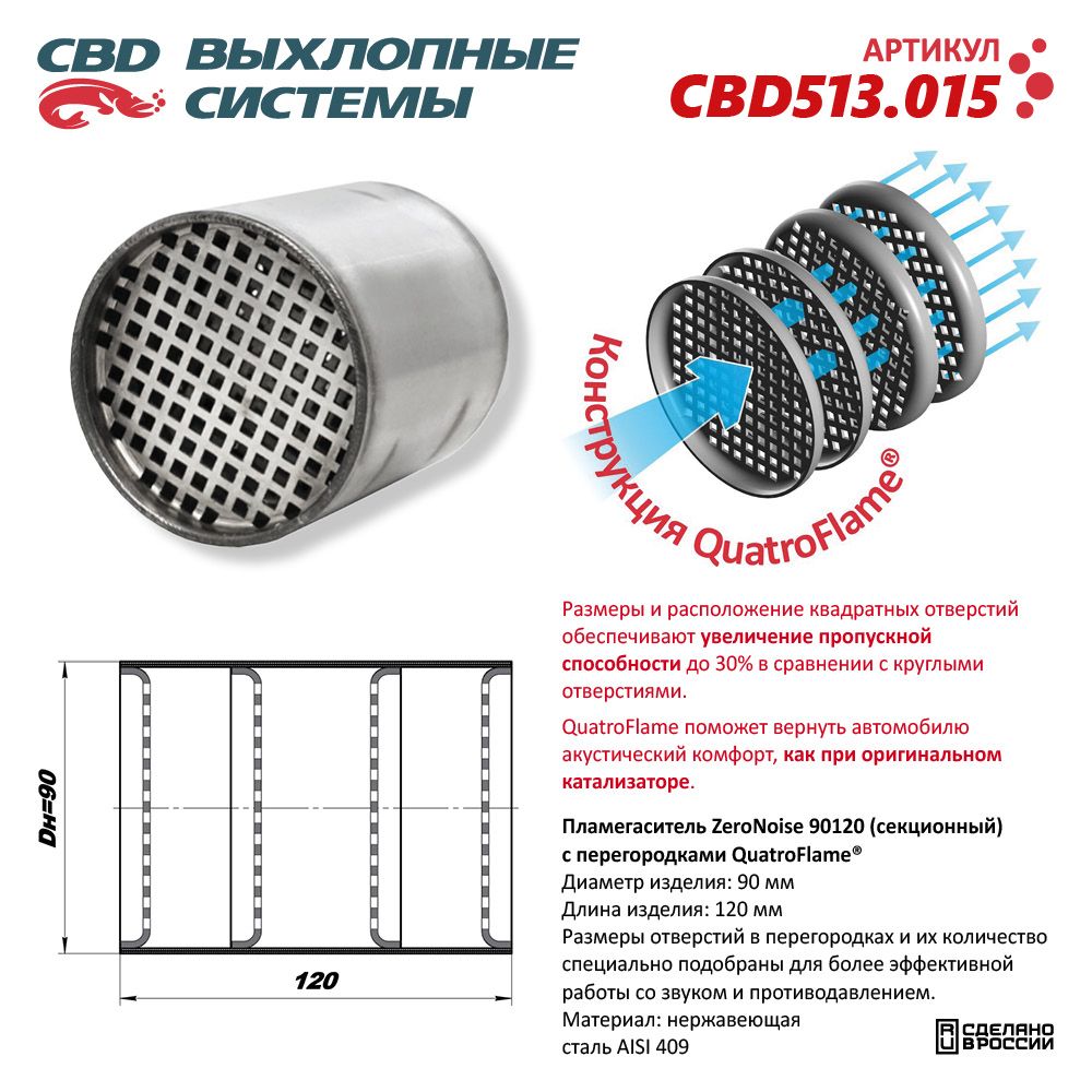 Пламегаситель коллекторный 90120 секционный ZeroNoise. Нержавеющая сталь AISI439 - CBD