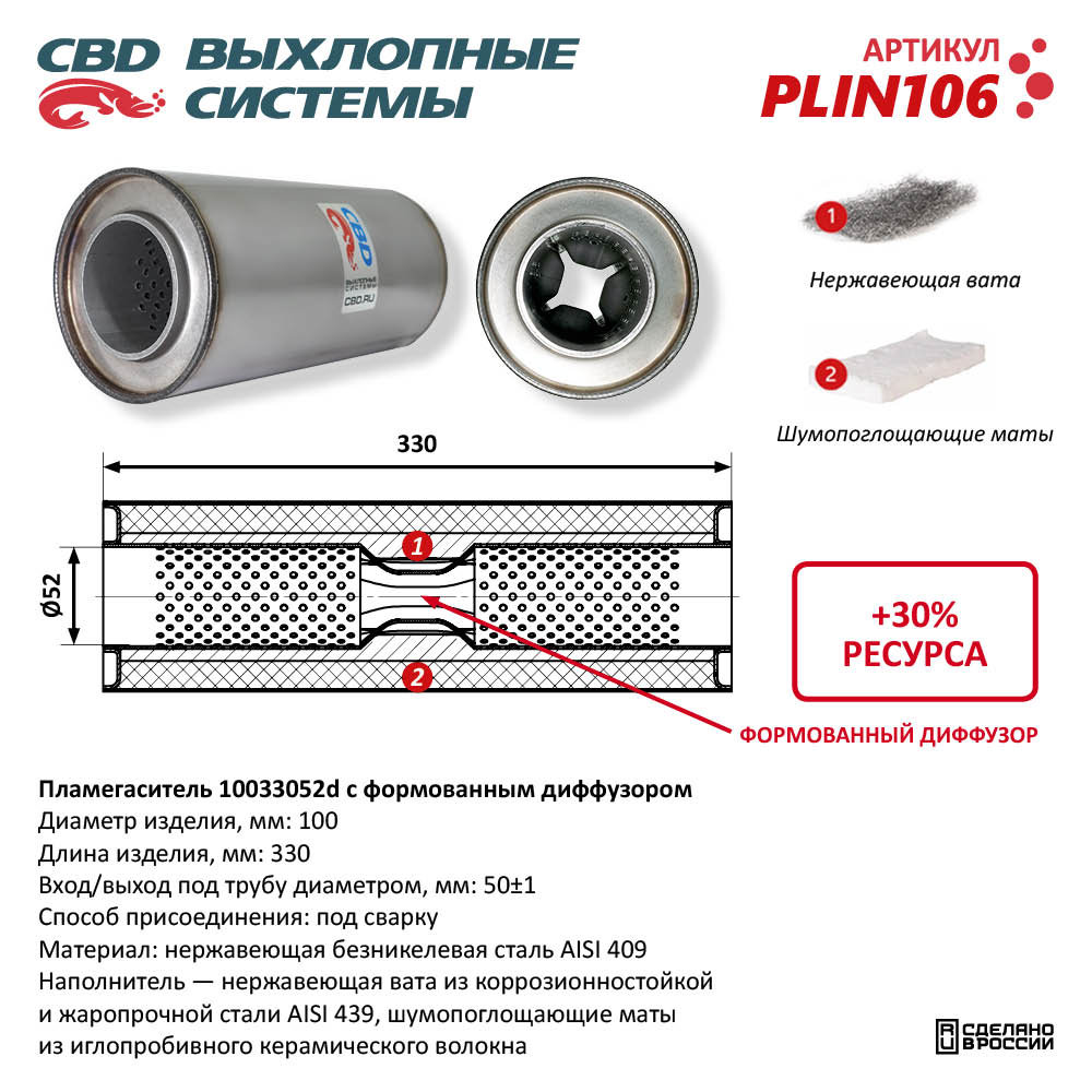 Пламегаситель 10033052d с формованным диффузором, из нержавеющей стали - CBD