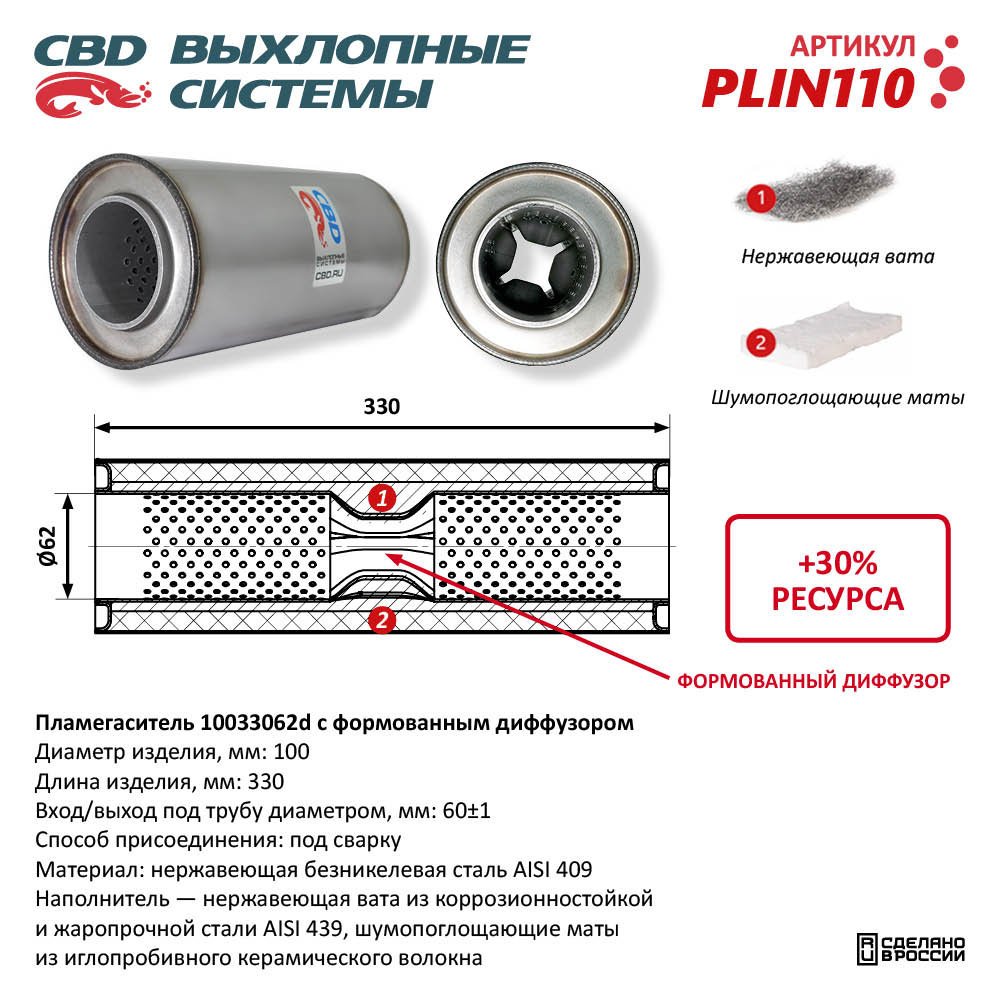 Пламегаситель 10033062d с формованным диффузором, из нержавеющей стали - CBD