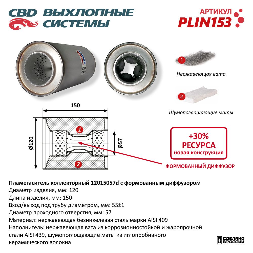 Пламегаситель коллекторный 12015057d с формованным диффуз. из Нержавеющий стали - CBD